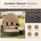 Crownland Outdoor Daybed with Retractable Canopy, Patio Round Daybed with Washable Cushions, Clamshell Sectional Seating, Wicker Furniture for Backyard, Patio, Garden, Pool (Light Brown)