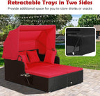 Tangkula Patio Rattan Daybed with Retractable Canopy, Outdoor Wicker Sunbed Lounger with 2 Foldable Side Tables, Thick Seat & Back Cushions, Outside Double Daybed for Garden, Backyard, Porch, Red