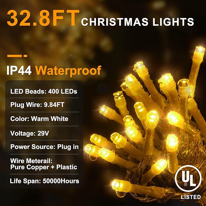 String Lights 400 LED 33ft Warm White 8 Lighting Modes