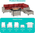 7-Piece Outdoor Patio Furniture Set with 55,000 BTU Fire Pit Table, PE Wicker Rattan Sectional Sofa Patio Conversation Set with Thickened Cushions & Coffee Table, Red