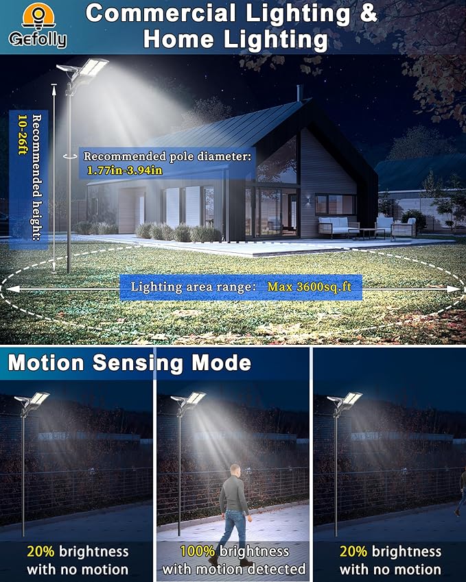 Solar Street Light, 104 LED Beads, 40000mAh Battery, Black Aluminum