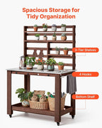 VEVOR Potting Bench Table, Outdoor Gardening Workstation with 45 x 26 in Stainless Steel Tabletop, Storage Shelves, 4 Casters, Hooks, Garden Planting Work Station for Outside Patio, Backyard, Brown