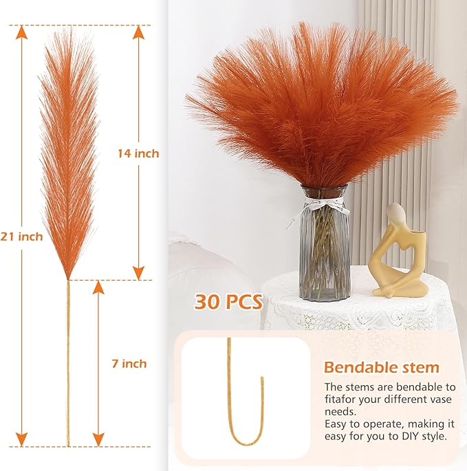 Artificial Pampas Grass Stems, Orange Silk, 30 Pcs