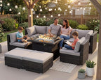 NICESOUL 29.3'' High Back Outdoor Patio Conversation Set with Firepit Natural Gas Propane Convertible, Plus Size Modular Wicker Furniture Couches, 9 Piece Modern Deep Wide Sectional Sofa, Light Gray
