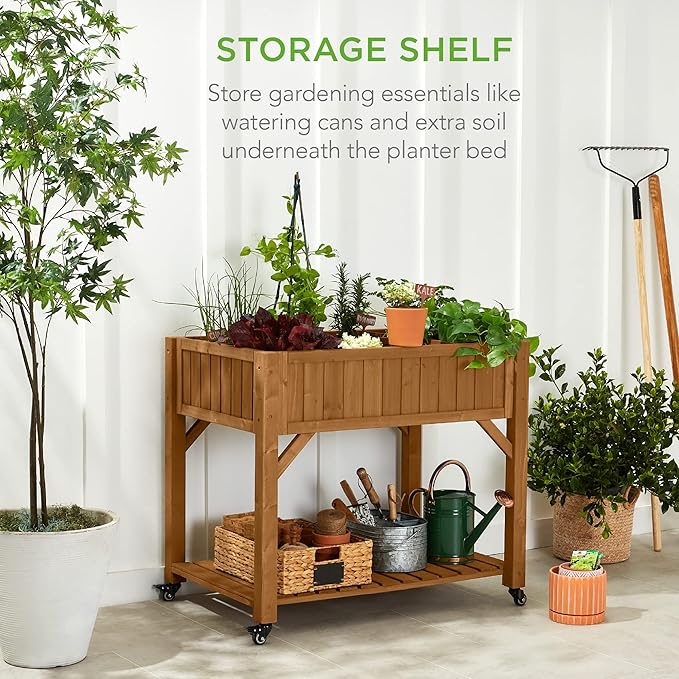 Best Choice Products Elevated 8 Pocket Herb Garden Bed, Mobile Raised Customizable Wood Planter for Herbs, Vegetables, Flowers w/Lockable Wheels, Storage Shelf, Drainage Holes - Acorn Brown