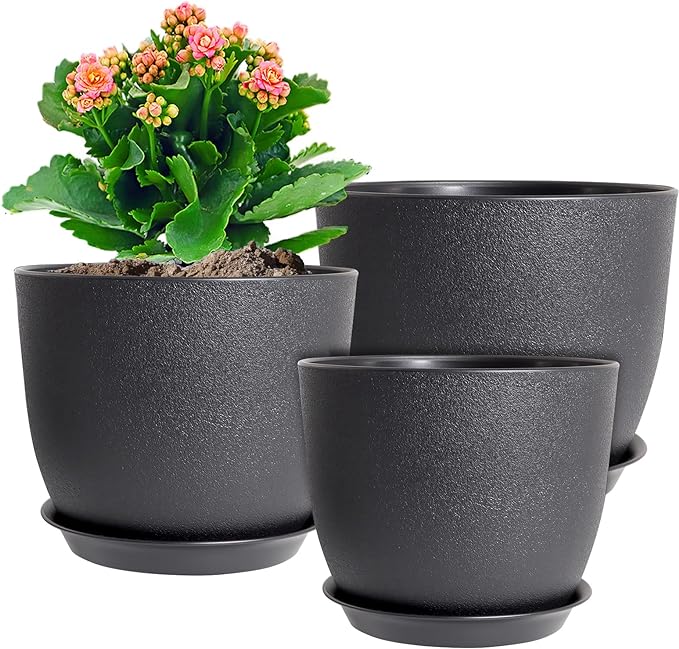 12/10/9 inch Big Flower Pots, 3 Pack Modern Decorative Plastic Planters with Drainage Holes and Tray, Plant Pots for Indoor Outdoor Plants, Black