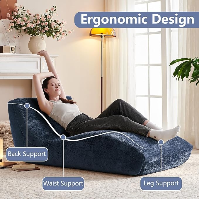 Chaise Lounge Chair with Curved Back, Modern Upholstered Recliner Sofa, Tufted Accent Lounger Comfortable Lazy Chair for Bedroom, Apartment (Blue)