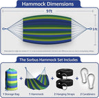 Sorbus Brazilian Double Hammock - Extra-Long 2 Person Portable Hammock Bed for Indoor or Outdoor Spaces - Hanging Rope, Carrying Pouch Included (Blue/Green Stripes)