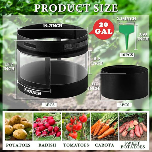 3 Pack 20 Gallon 360° Visibility Potato Grow Bags with Shading Flap, Plant Grow Bags for Growing Potatoes Heavy Duty Thickened Nonwoven Fabric Gardening Vegetable Growing Bags with Harvest Window
