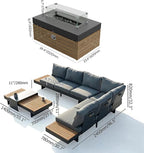 homary Patio Conversation Sets with Fire Pit-Modular Outdoor Sofa Aluminum & Teak Outdoor Sofa Se with Glass Wind Guard Ideal for Patios & Balconies, 6 Pepole