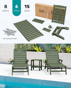 SERWALL Patio Chaise Lounge Chair Set of 2, 78'' Long 5-Positions Adjustable HDPE Outdoor Lounger for Pool, Poly Lounge Chair with Rolling Wheels & Cup Holder for Poolside, Deck, Avocado Green