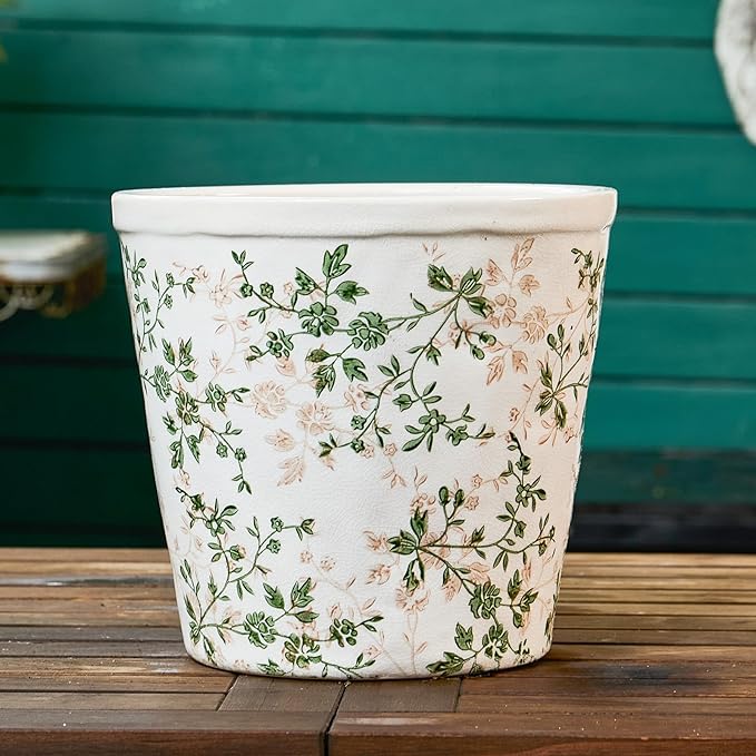 Ceramic Planter Without Drainage Hole, 6.7 Inch - Indoor/Outdoor Flower Pot for Orchids, Succulents, Green Floral Modern Farmhouse Design Plant Pot for Home,Office & Garden Décor, Ideal Gift