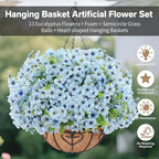 Artificial Hanging Flower for Outdoors, Fake Hanging Basket for Outside,1 Hanging Basket with 13 Pcs Faux Silk Flowers for Porch, Balcony and Patio Decor(Blue)