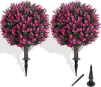 Artificial Topiary Tree with Pink Eucalyptus, Set of 2 Artificial Shrub Bushes with Ground Spike, Fake Evergreen Tree for Porch, Artificial Plants for Outdoor Planters Indoor UV Resist