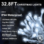 String Lights 400 LED, 33 ft Cool White with 8 Lighting Modes