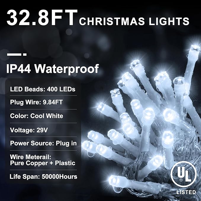 String Lights 400 LED, 33 ft Cool White with 8 Lighting Modes