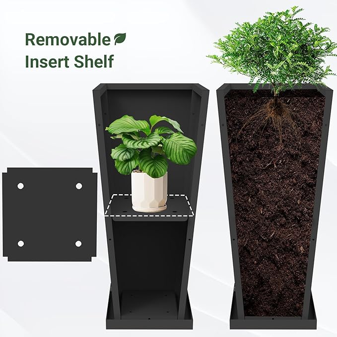 Tall Planters 30" H - 2 Pack, Tapered Pots with Drainage Insert Shelve & Trays, Metal Outdoor Planter Box for Porch, Garden, Patio, Yard (Black)