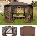 11.5x11.5FT 6-Sided Pop Up Gazebo Tent，One-Push Setup Canopy Tent with Mesh Panels & Removable Wind Cloths, Outdoor shelter for Camping, Backyard Parties, Outdoor Events - Beige & Khaki