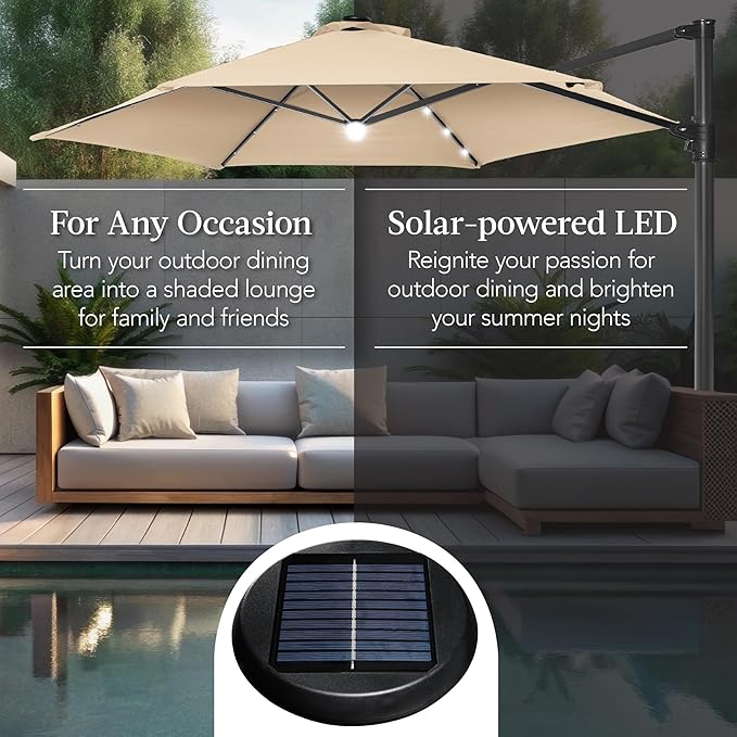 Best Choice Products 10ft Solar LED Offset Cantilever Hanging Market Patio Umbrella, Smooth 360° Rotation, 8 Sturdy Ribs, Easy Adjustment - Sand