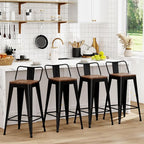 WENTMENT Metal Bar Stools Set of 4 Counter Height Barstools with Removable Back 24" Kitchen Bar Stools with Wooden Seat, Black