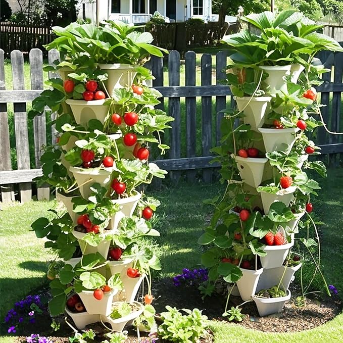 Strawberry Planters, 7 Tiered Vertical Stackable Planter, Herb Stacking Tower Garden, Flower Vegetable Planters with Support Pole, Indoor & Outdoor with Removable Wheels - White