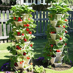 Strawberry Planters, 7 Tiered Vertical Stackable Planter, Herb Stacking Tower Garden, Flower Vegetable Planters with Support Pole, Indoor & Outdoor with Removable Wheels - White
