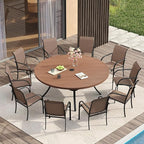 VICLLAX Large Patio Dining Furniture Set, Outdoor Dining Set for 10-60" Round Outdoor Table and Patio Stackable Chairs, Walnut Wood-Like Tabletop and Brown Fabric