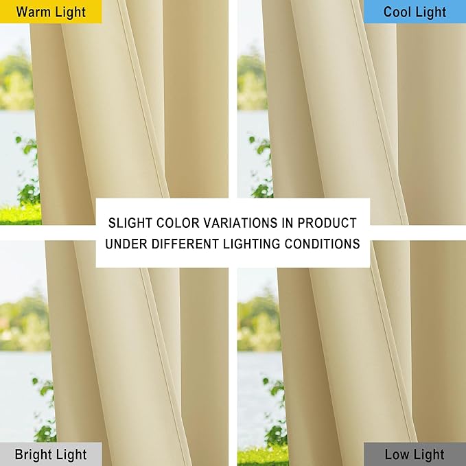 NICETOWN 2 Panels Outdoor Curtains for Patio Waterproof, Weatherproof Grommet Top Thick Indoor Outdoor Vertical Drapes Heat Block Dustproof for Porch/Cabana/Gazebo, Beige, W55 x L78