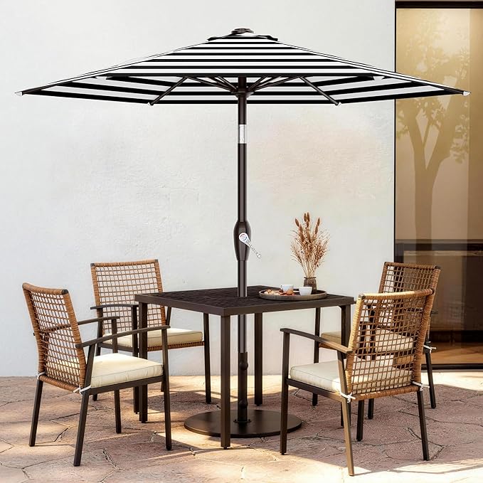 AreShark 7.5FT Patio Umbrella Table Market Umbrella with 6 Sturdy Ribs, Button Tilt/Crank, Heavy-Duty Outdoor Umbrellas for Pool, Deck, Garden and Backyard, Black & White Stripe