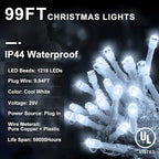 String Lights, 100 ft Outdoor Christmas Lights with 1216 LEDs, Cool White