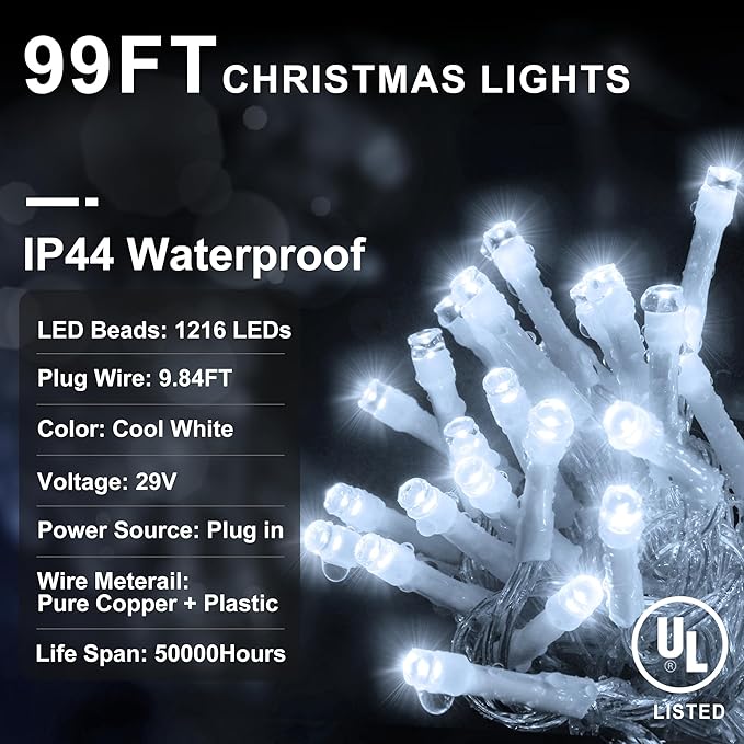 String Lights, 100 ft Outdoor Christmas Lights with 1216 LEDs, Cool White