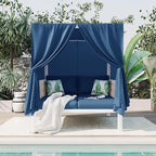 Merax Outdoor Patio Sunbed with Curtains and Soft Thick Cushions, Double Chaise Lounge Daybed with Rubber Core Rope Backrest and Comfy Pillows for Outside Pool, Garden, Backyard, Lawn, Blue