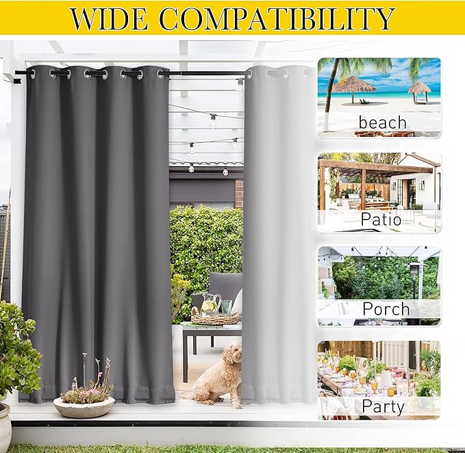 NICETOWN 2 Panels Outdoor Curtains for Patio Waterproof & Windproof, Grommet & Back Tab on Top & Bottom Weighted Drapes Keep Sun/Rain Out with Bouns Rope for Deck, Grey, W84 x L95