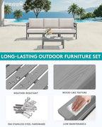 SERWALL HDPE Patio Furniture Set, 4 Pieces Outdoor Sectional Sofa Set, All-Weather Wood-Like Outdoor Sofa Couch with Coffee Table for Deck, Lawn, Grey Frame with Khaki Cushion