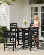 SERWALL 5-Piece Adirondack Bar Chairs Set, HDPE Adirondack Barstools with Pub Table, Outdoor Patio Bar Furniture for Bistro, Balcony, Poolside, Garden - Black