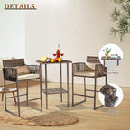 VINGLI 3 PCS Patio Bar Set Wicker, Outdoor Bar Table and Bar Stools with Storage Shelf and Cushions, Bar Height Outdoor Table and Chairs Wicker Furniture