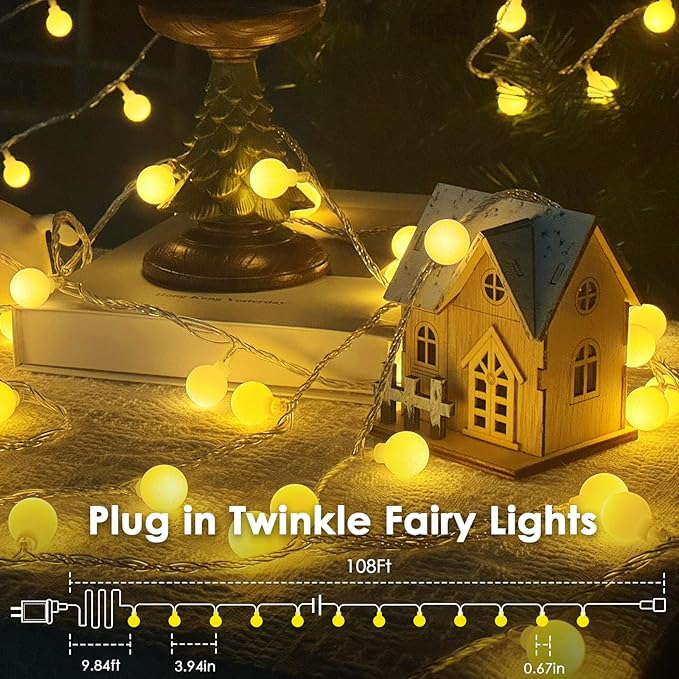 String Lights Warm White LED Globe, 300 Bulbs 108ft Connectable