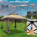 COBIZI 11x11 FT Pop up Gazebo Canopy Tent - Outdoor pop up gazebos on Clearance,carpas para Patio,Shelter - Screen Tents with Portable Carry Bag,Patio Gazebos for Camping,Garden,Deck,Backyard,Brown