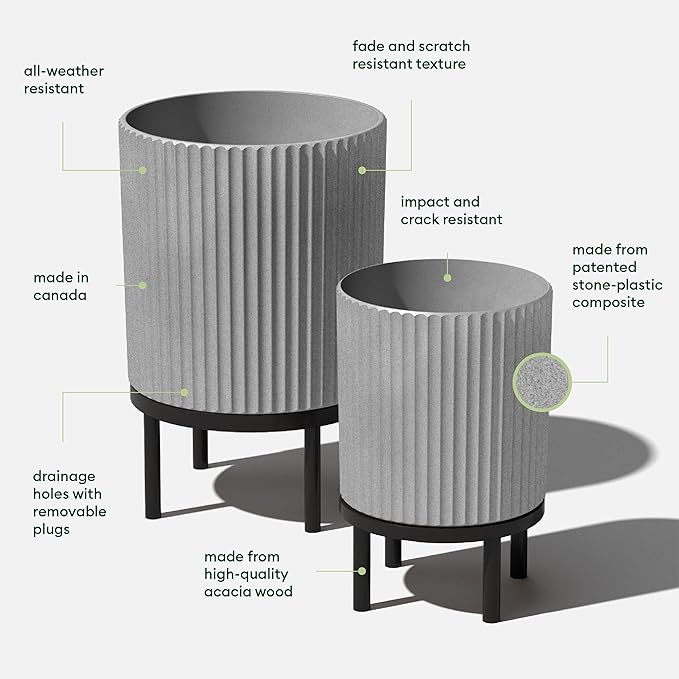 Veradek Demi Series Round Planter w/Stand for Porch/Patio | Durable Plastic-Stone Composite & Wooden Stand | Modern Décor for Tall Plants, Flowers
