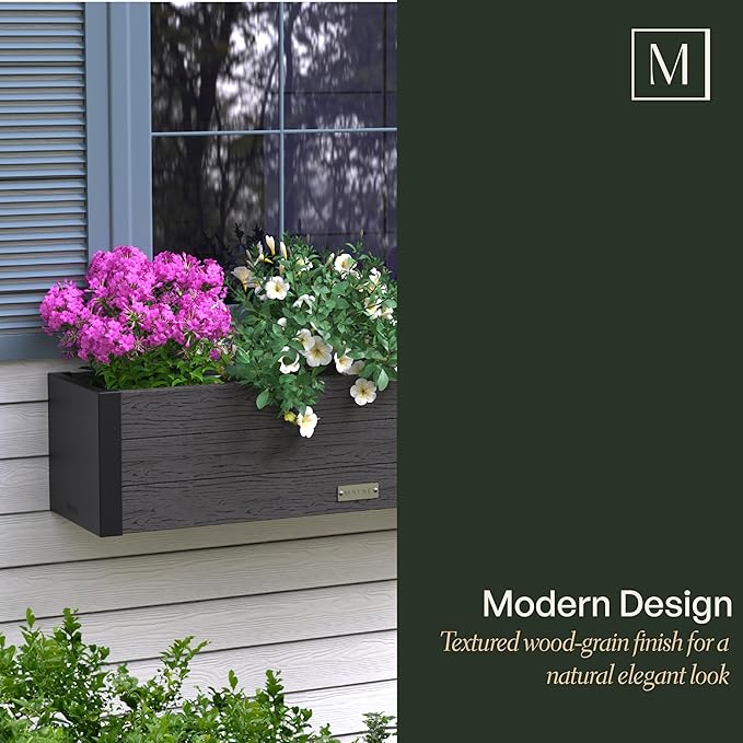 Mayne Horizon 5FT Window Box Planter – Modern Rectangular Faux Wood Grain Design for Windows, Durable All-Season Outdoor Flower Box with Drainage, Easy Installation
