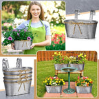 Hicarer 4 Pcs Metal Hanging Flower Pots, 10.6 Inch Vertical Grained Metal Color Outdoor Hanging Planters Window Plant Holder with Detachable Hooks for Railing Fence Balcony Garden Yard