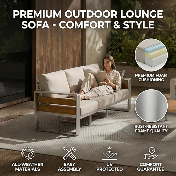 ZANDOR Aluminum Outdoor Patio Conversation Furniture Set, 5 PCS Metal Modern Outside Sectional Lawn Furniture with Coffee Table & Washable Thick Cushions,Seating Sofa for Garden/Backyard/Porch Silver