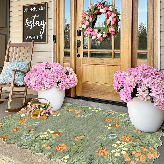 Outdoor Rug 3x5 Ft Sage Green Floral Washable Mat with Non-Slip Backing