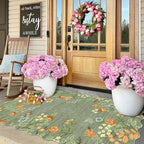 Outdoor Rug 3x5 Ft Sage Green Floral Washable Mat with Non-Slip Backing