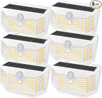 HMCITY 120 LED Solar Lights Outdoor with Motion Sensor and 3 Lighting Modes, IP65 Waterproof Wide Solar Wall Lights Ideal for Garden Patio Yard (Front Button 6Packs, White Shell-Warm White)