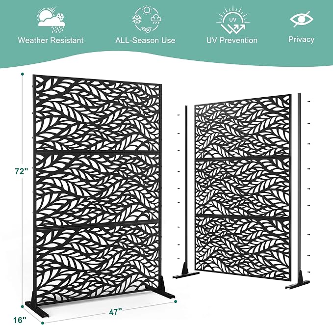 Decorative Fence Panels in Black Metal, Freestanding Privacy Screen