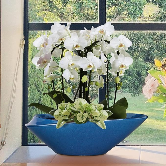 Planter Pot 18 Inch Blue Ceramic with Drainage Hole for Bonsai and Succulents