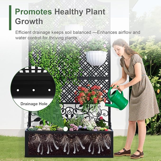 Metal Raised Garden Bed with Trellis & Privacy Screen - 83"x40"x11.8" Freestanding Planter Box for Patio Balcony, Modern Planter with Drainage Holes for Climbing Plants, Flowers & Vegetable