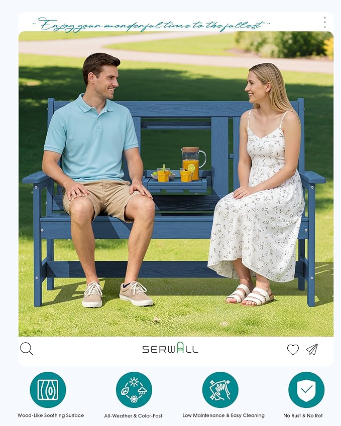 SERWALL Outdoor Bench with Cup Holder, 58" HDPE Garden Park Bench Suitable for 3 Person, All Weather Patio Benches with High Backrest and Wide Armrests for Garden, Park, Yard, Front Porch, Navy