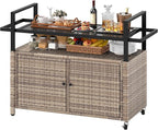 DWVO XL Outdoor Storage Cabinet,Patio Storage Table with Glass Top, Bar Table with Wheels,Outdoor Bar Cart for Patio, Poolside and Backyard,Light Brown